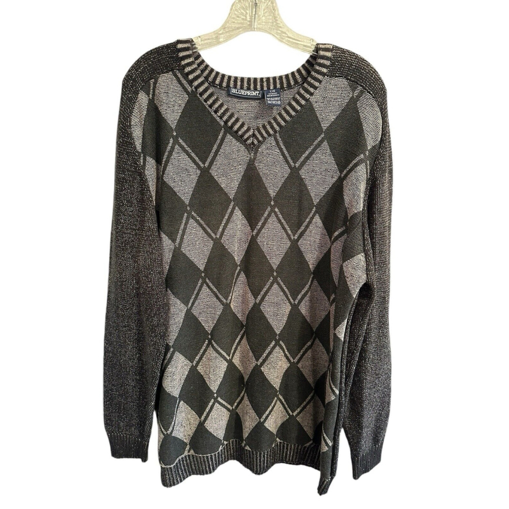 Blueprint Tight Knit Womens Large Long Fall Pullover Sweater Cotton Gray Diamond